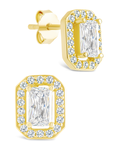 Sterling Silver Emerald Cut Brilliant Halo Studs Gold