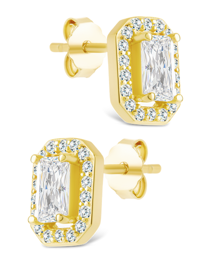 Sterling Silver Emerald Cut Brilliant Halo Studs