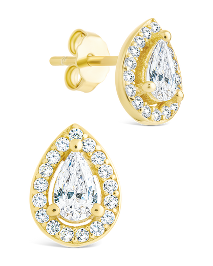 Sterling Silver Pear Cut Brilliant Halo Studs Gold