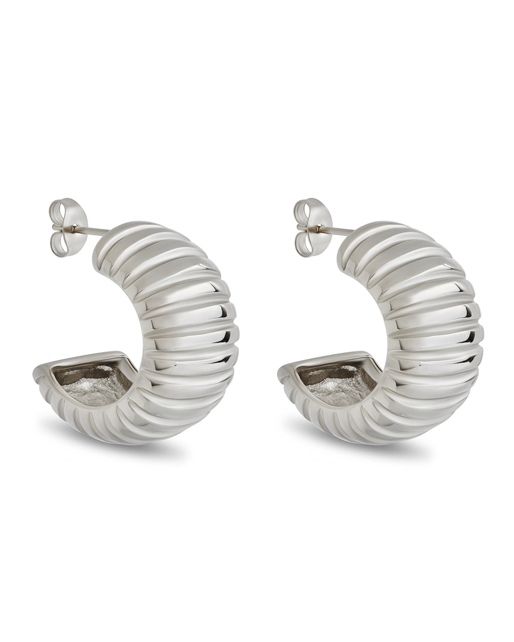 Philippa Ribbed Huggie Hoop Earrings Silver