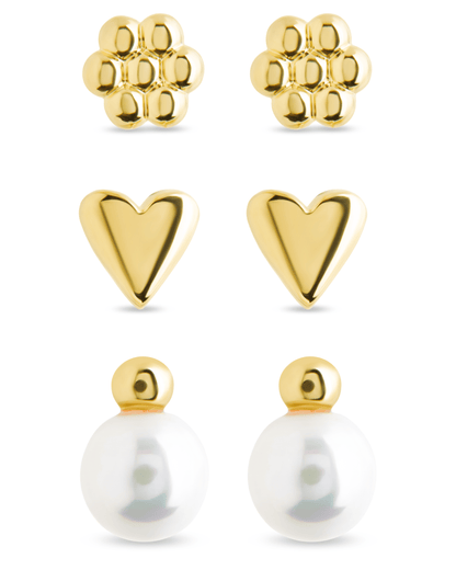 Sterling Silver Irene Pearl, Flower, & Heart Stud Earring Set of 3
