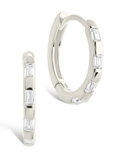 Sterling Silver Henley CZ Baguette Micro Hoop Earrings Silver