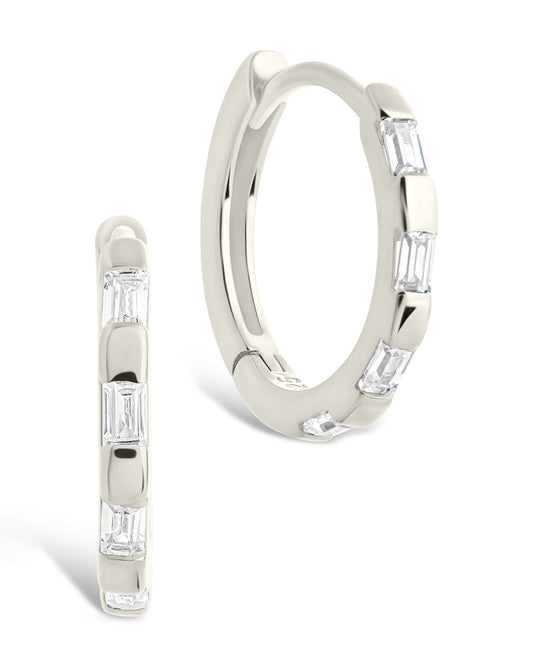 Sterling Silver Henley CZ Baguette Micro Hoop Earrings Silver