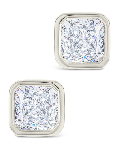 Sterling Silver Asscher Cut Bezel Set Stud Earrings