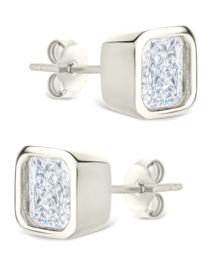Sterling Silver Asscher Cut Bezel Set Stud Earrings