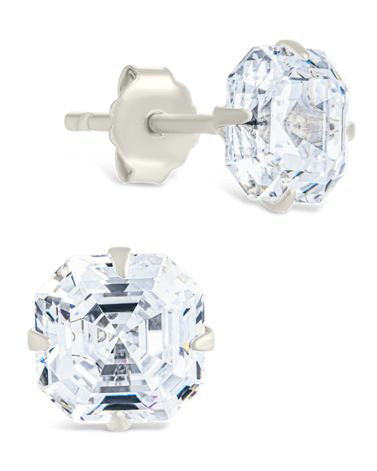 Sterling Silver Asscher Cut Prong Set Stud Earrings Silver