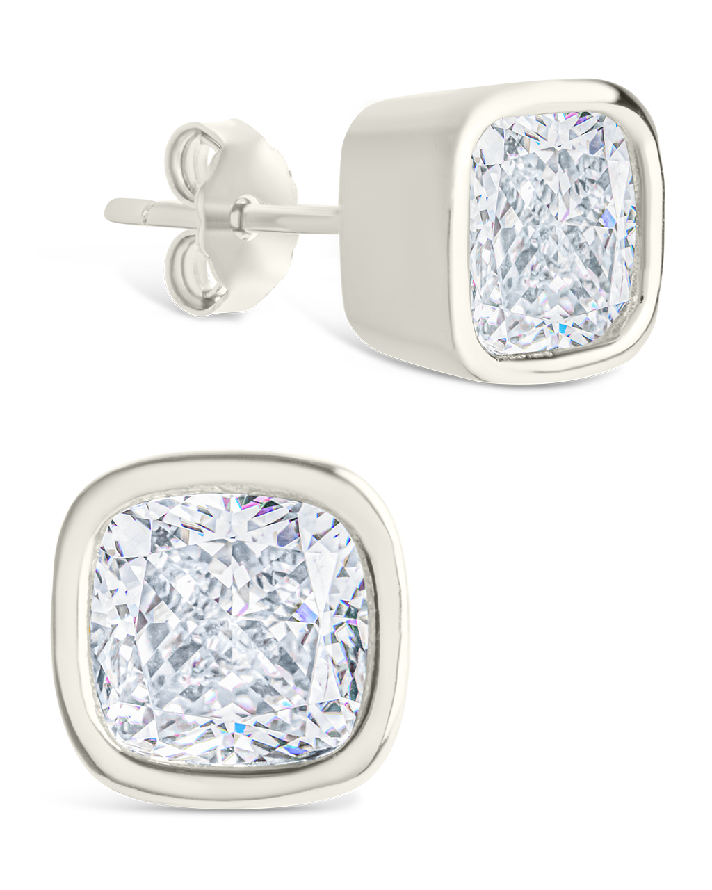 Sterling Silver Cushion Cut Bezel Set Stud Earrings Silver