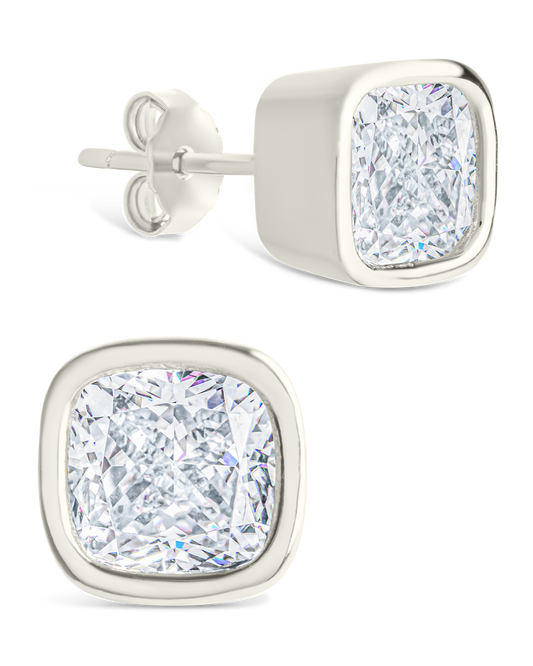 Sterling Silver Cushion Cut Bezel Set Stud Earrings Silver
