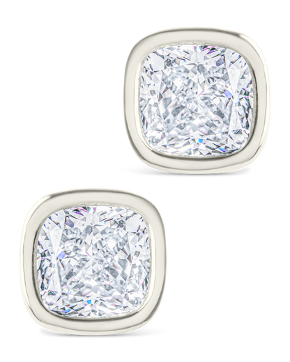 Sterling Silver Cushion Cut Bezel Set Stud Earrings