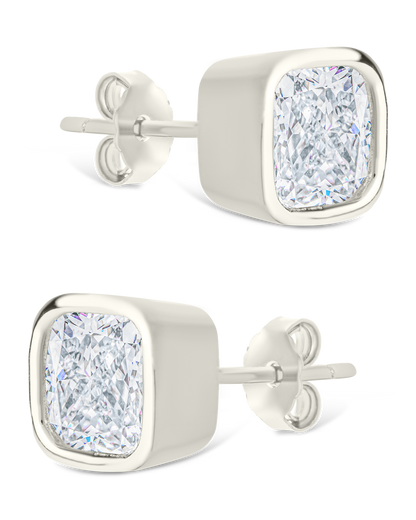 Sterling Silver Cushion Cut Bezel Set Stud Earrings