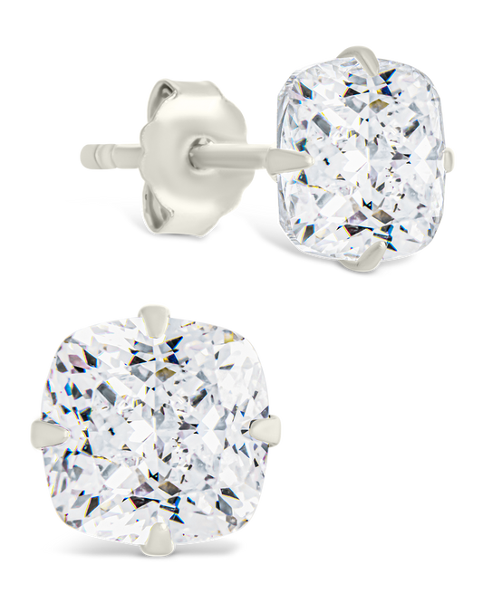 Sterling Silver Cushion Cut Prong Set Stud Earrings Silver
