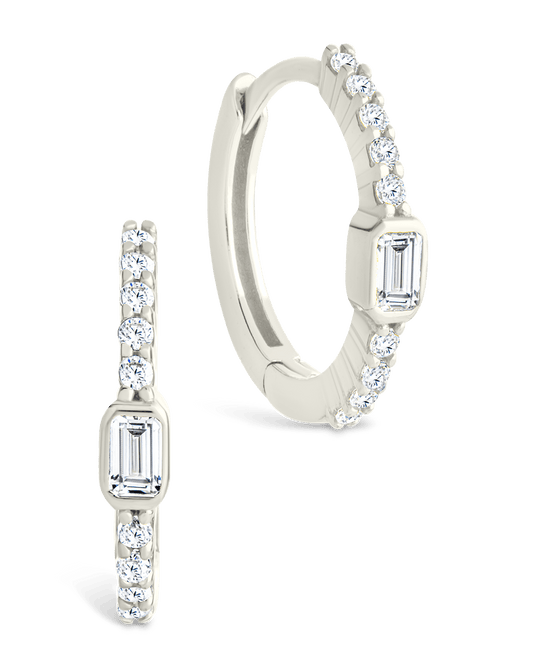 Sterling Silver Emerald Cut Bezel Set Huggie Hoop Earrings Silver
