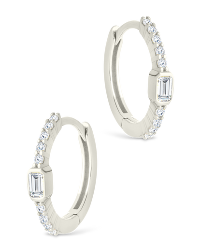 Sterling Silver Emerald Cut Bezel Set Huggie Hoop Earrings
