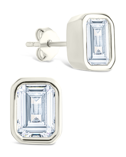 Sterling Silver Emerald Cut Bezel Set Stud Earrings Silver