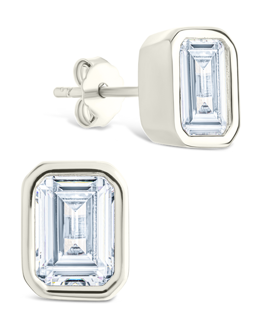 Sterling Silver Emerald Cut Bezel Set Stud Earrings Silver