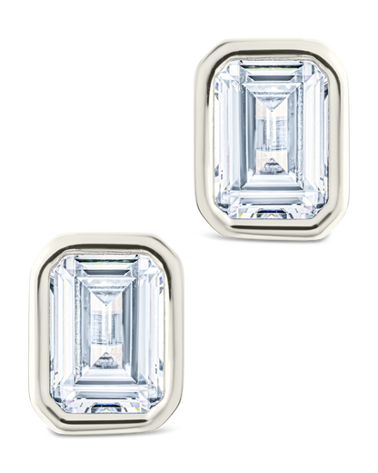 Sterling Silver Emerald Cut Bezel Set Stud Earrings