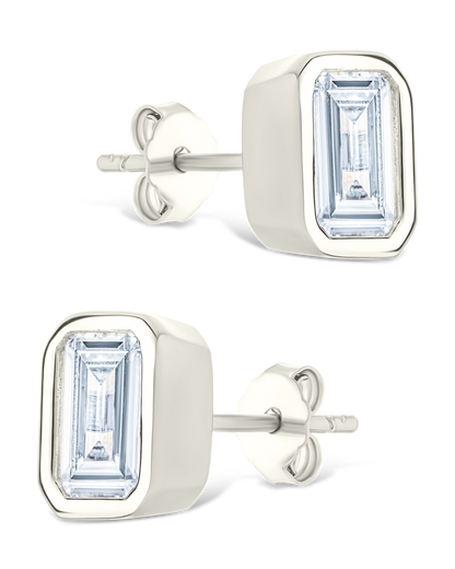 Sterling Silver Emerald Cut Bezel Set Stud Earrings