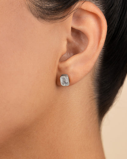 Sterling Silver Emerald Cut Bezel Set Stud Earrings