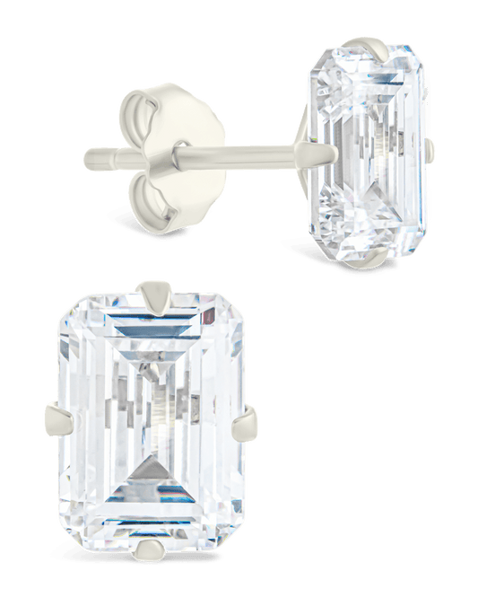 Sterling Silver Emerald Cut Prong Set Stud Earrings Silver