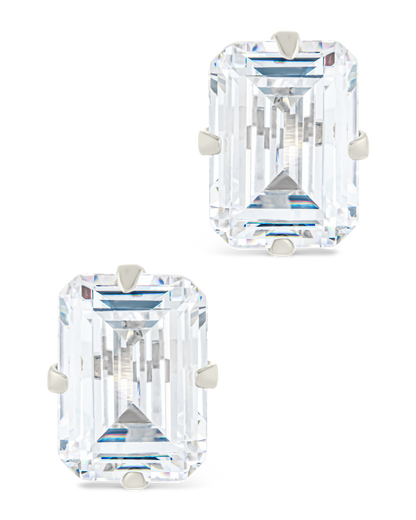 Sterling Silver Emerald Cut Prong Set Stud Earrings