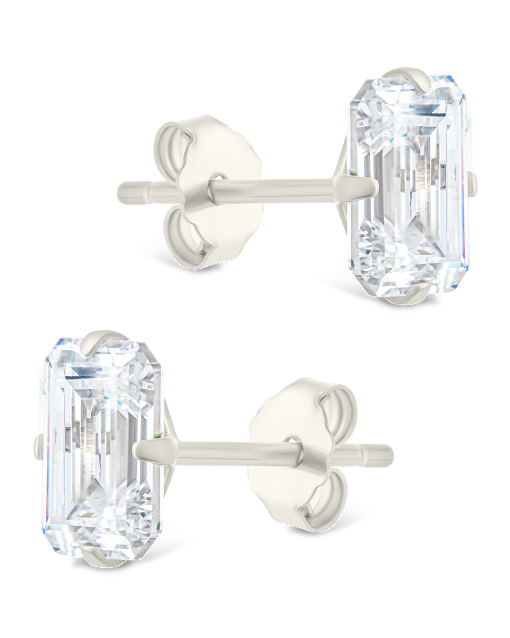 Sterling Silver Emerald Cut Prong Set Stud Earrings