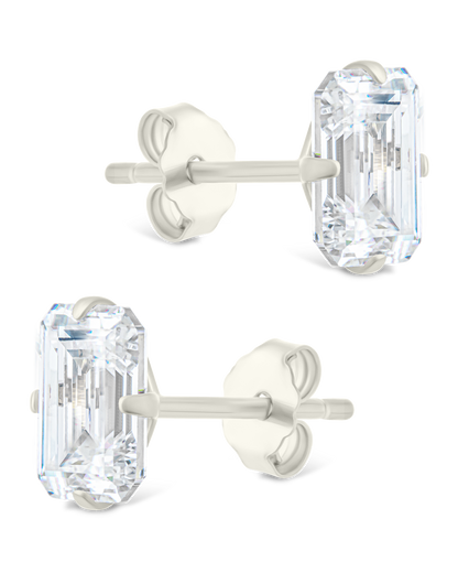 Sterling Silver Emerald Cut Prong Set Stud Earrings