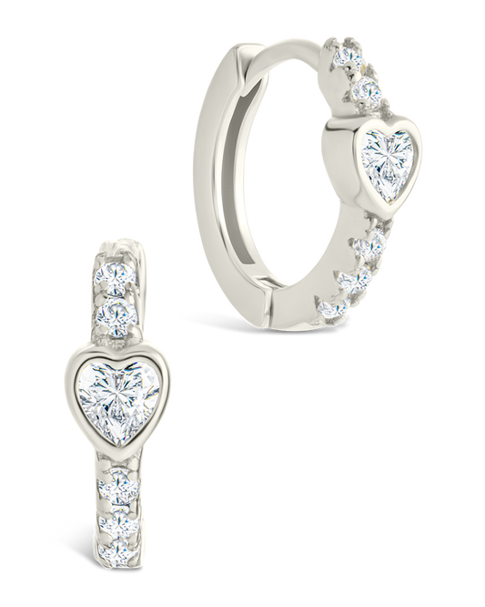 Sterling Silver Heart Cut Bezel Set Huggie Hoop Earrings Silver
