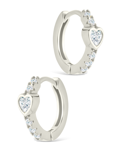 Sterling Silver Heart Cut Bezel Set Huggie Hoop Earrings