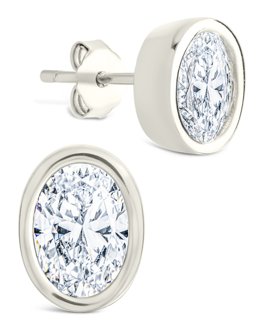 Sterling Silver Oval Cut Bezel Set Stud Earrings Silver