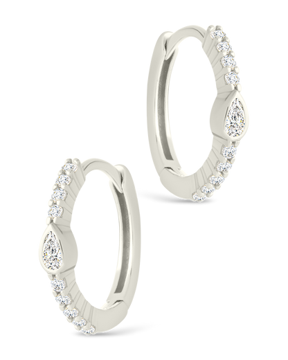 Sterling Silver Pear Cut Bezel Set Huggie Hoop Earrings