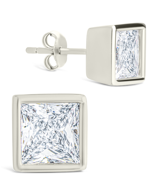 Sterling Silver Princess Cut Bezel Set Stud Earrings Silver