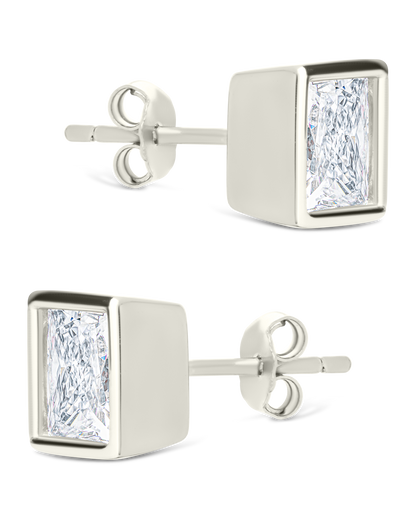 Sterling Silver Princess Cut Bezel Set Stud Earrings