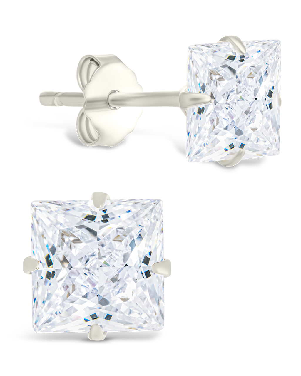 Sterling Silver Princess Cut Prong Set Stud Earrings Silver