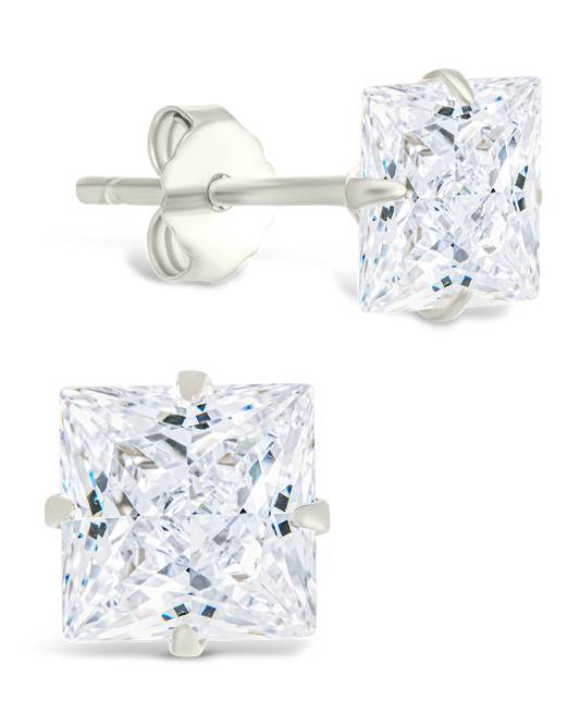 Sterling Silver Princess Cut Prong Set Stud Earrings Silver