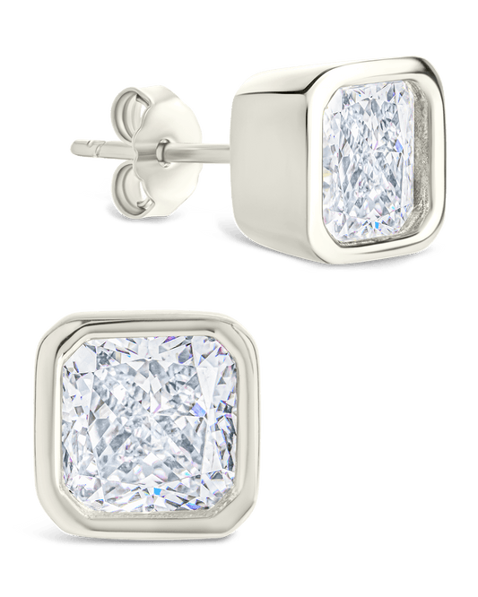 Sterling Silver Radiant Cut Bezel Set Stud Earrings Silver