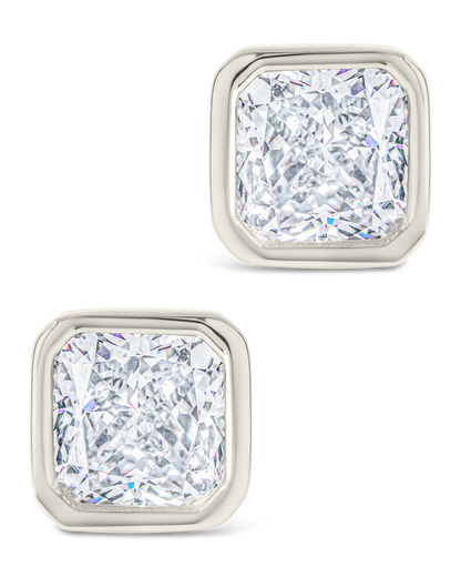 Sterling Silver Radiant Cut Bezel Set Stud Earrings