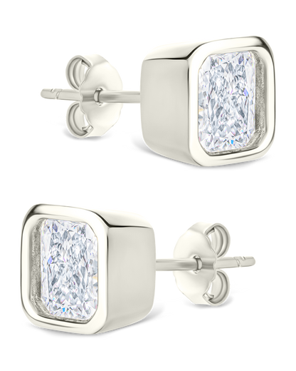 Sterling Silver Radiant Cut Bezel Set Stud Earrings