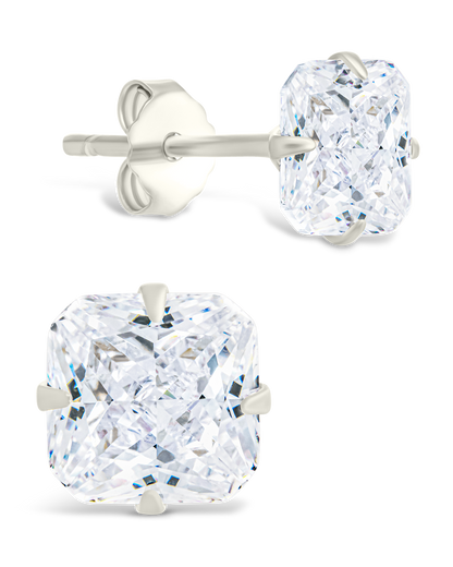 Sterling Silver Radiant Cut Prong Set Stud Earrings Silver