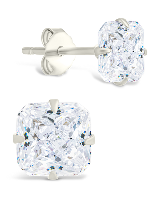 Sterling Silver Radiant Cut Prong Set Stud Earrings Silver