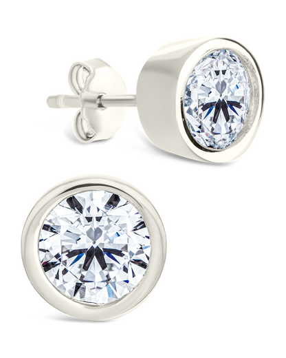 Sterling Silver Round Cut Bezel Set Stud Earrings Silver