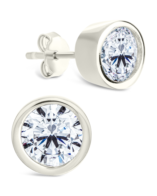 Sterling Silver Round Cut Bezel Set Stud Earrings Silver