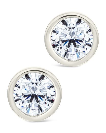 Sterling Silver Round Cut Bezel Set Stud Earrings