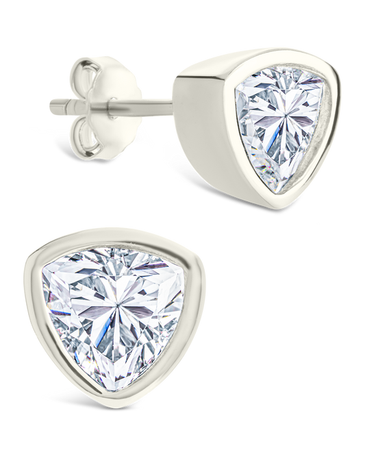 Sterling Silver Trillion Cut Bezel Set Stud Earrings Silver