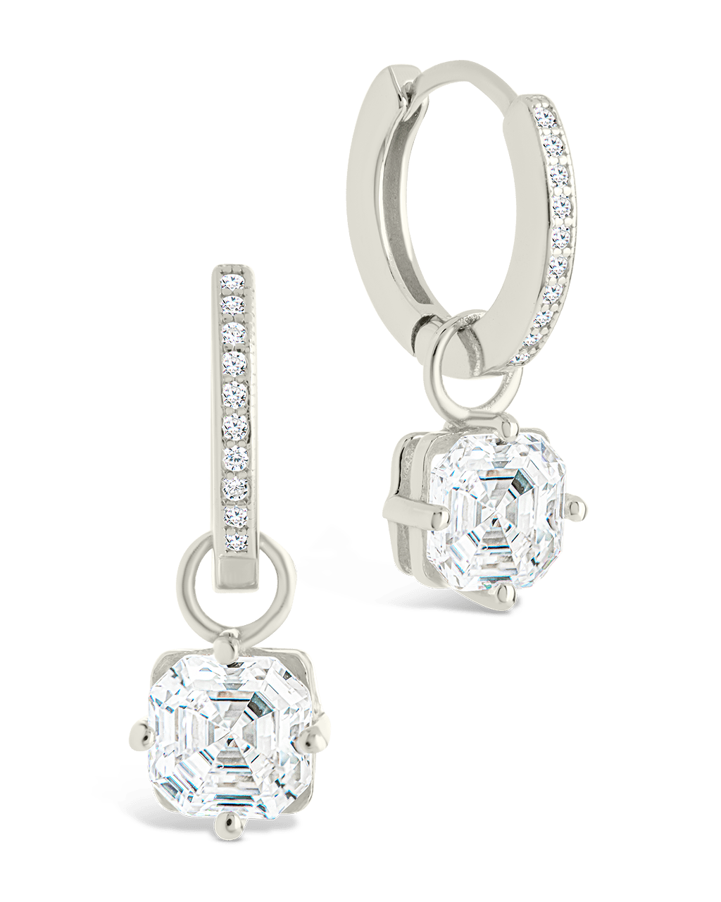 Sterling Silver Augusta Asscher Cut CZ Dangle Micro Hoops Silver