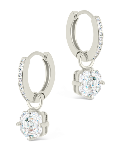 Sterling Silver Augusta Asscher Cut CZ Dangle Micro Hoops