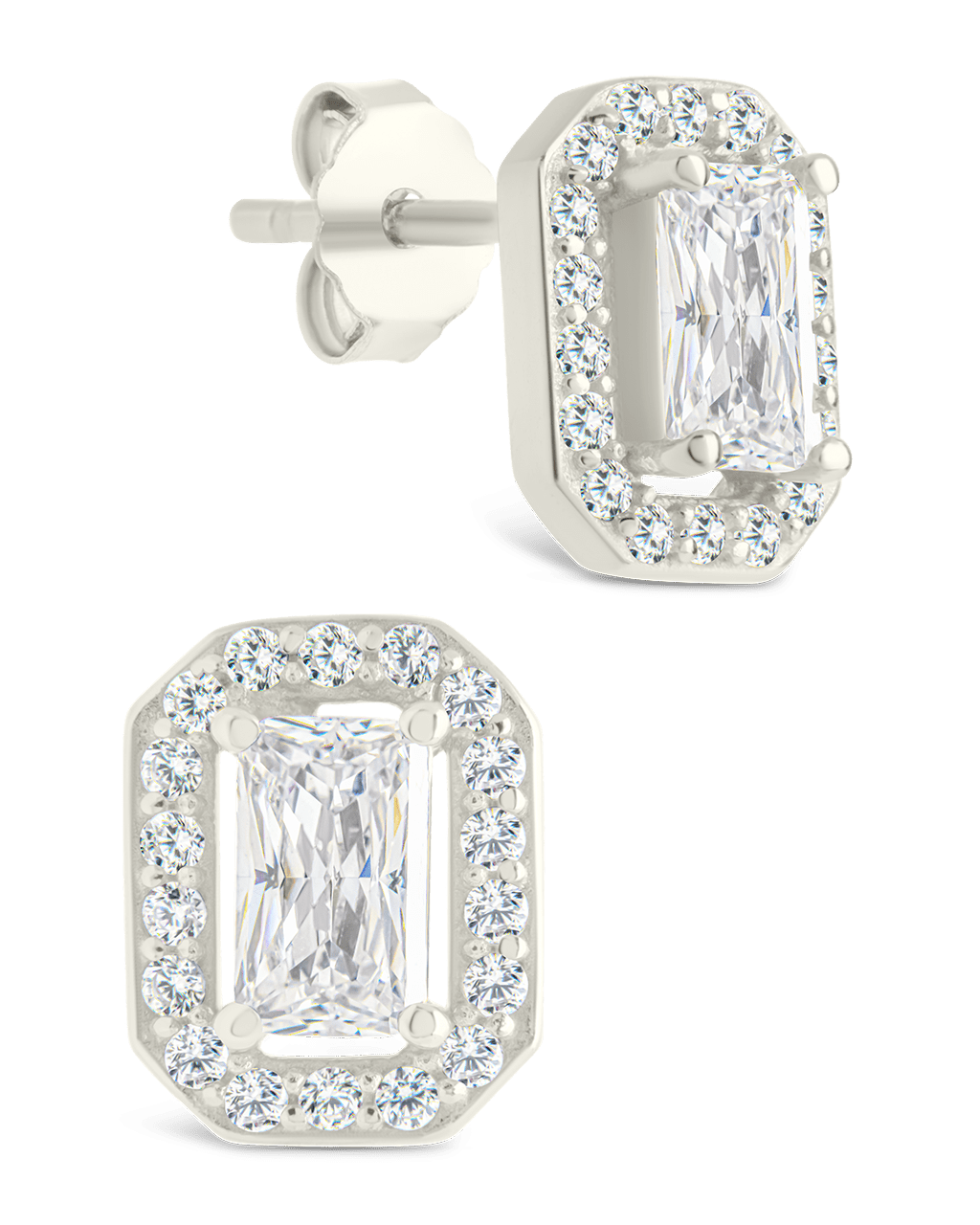 Sterling Silver Emerald Cut Brilliant Halo Studs Silver