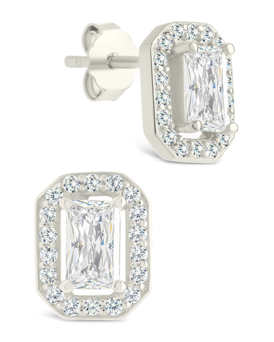 Sterling Silver Emerald Cut Brilliant Halo Studs Silver