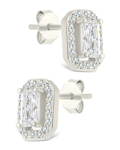 Sterling Silver Emerald Cut Brilliant Halo Studs