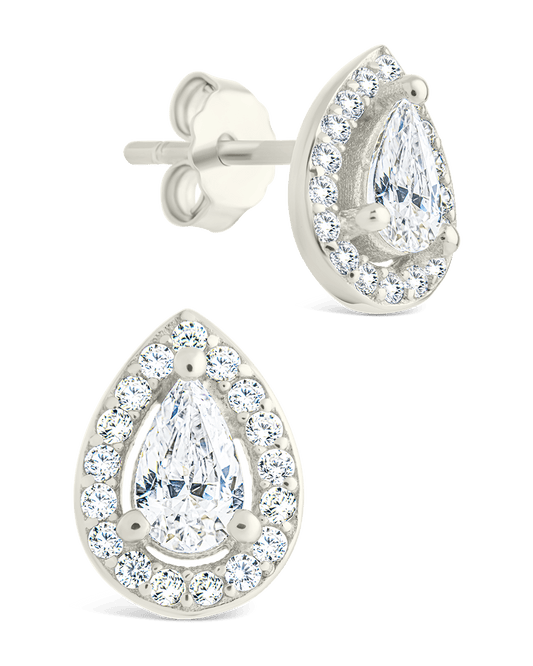 Sterling Silver Pear Cut Brilliant Halo Studs Silver