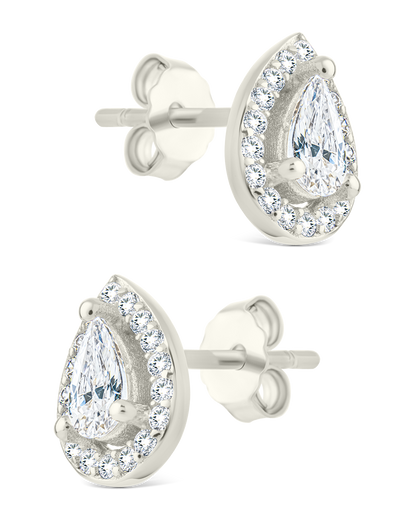 Sterling Silver Pear Cut Brilliant Halo Studs